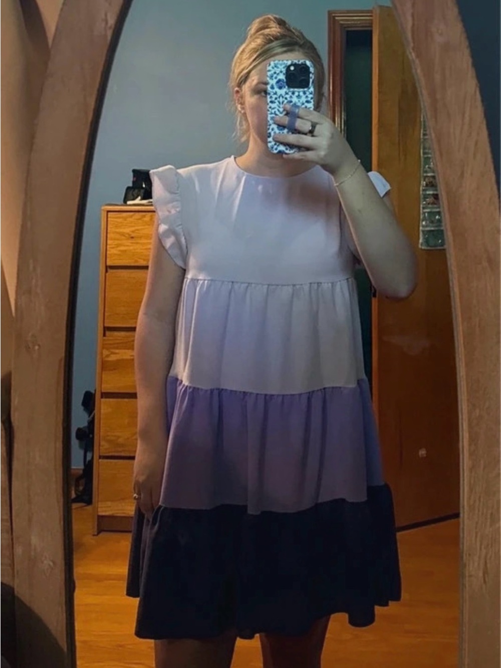 SHEIN Pink, Lavender & Navy Tiered Ruffle Sleeve Midi Dress